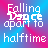 Pixelated text 'Falling apart to halftime' in white on a gradient background with pink and blue hues, displayed across two side-by-side frames showing slight animation shifts.