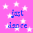 A static image with a bright pink background covered in white stars, featuring the text "just dance" in blue pixelated font repeated four times.
