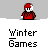 Animated contact sheet of 22 pixel art frames showing two character designs cycling through poses with 'Winter Games' text below each frame on a gray background.