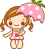 Pixel art of a girl with brown pigtails holding a pink polka-dot umbrella, wearing a pink dress with white crosses, standing against a gray background.
