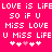 Pixelated text on bright pink background with repeated phrases and heart symbols, animated with heart color changes.