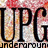 A pixelated image with large black serif text 'UPG' on a textured background, showing partial text below in two states.