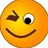 Two identical yellow smiley faces with one eye winking, positioned side-by-side on a white background above pink and gray text