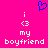 A static pixel art image with a bright pink background, featuring two identical white text-based icons and one blue heart symbol above them.