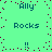Pixelated green background with dark blue text and red dots forming a pattern.