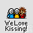 Pixel art animation of three figures with changing facial expressions and positions beneath text reading "WeLove Kissing!" on a light gray background.