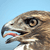 Pixelated close-up of a bird's head with brown and white feathers, black beak, and open mouth showing pink tongue against light blue background.