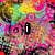 Pixelated colorful abstract background with shifting patterns and text elements changing across frames.