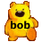 Four identical yellow cartoon bears with orange limbs and black mouths, each displaying the text 'bob' in different colors