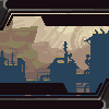 Pixel art scene showing a blue industrial structure with yellow accents against a beige and brown landscape under a light sky.