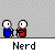 Pixel art character with white head, blue torso, red limbs, and brown feet displays multiple text bubbles and poses across frames.
