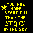 Yellow pixelated text on black background with yellow border, displaying 'YOU ARE MORE BEAUTIFUL THAN THE STARS IN THE SKY' and a small star symbol.
