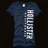 Dark blue t-shirt with vertical white text 'HOLLISTER' on front, displayed in three views against black background with one view partially obscured.