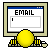 Animated sequence showing email composition and sending on a retro computer interface with yellow sphere icon.
