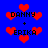 Blue background with red pixelated hearts and black text reading "DANNY + ERIKA" in multiple positions.