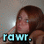 A four- shows a person with long brown hair in different poses, each containing the text 'rawr.' in varying colors