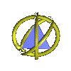 Yellow torus rings encircle a blue triangular shape with varying surface textures and orientations against a gray background.