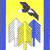 Pixelated icon with yellow background, blue vertical borders, and central arrangement of white, yellow, and blue shapes resembling wings or flags.
