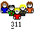 Pixelated group of five cartoon figures with changing poses and white motion trails on gray background, each labeled '311' below.