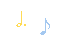 Yellow and blue musical eighth notes on gray background, with yellow note having a small square dot.