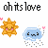 Pixelated text reads 'oh its love' above two cartoon-style icons: a smiling sun and a cloud with raindrops holding pink hearts.