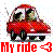 Red pixelated car with driver, colorful dot background, and 'My ride =3' text below. Static image.