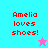 Pixelated text 'Amelia loves shoes!' in red on cyan background with pink star, and same text on blue background.