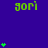 Green text 'gori' and green plus signs on a solid blue background with a gray rectangle in the bottom-right corner.
