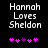 Pixelated text reads 'Hannah Loves Sheldon' above five pink and purple heart symbols on a black background.