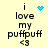 A static image with four identical text blocks arranged in a on a pale yellow background, each containing 'i love my puffpuff <3' and a blue pixelated symbol above the first line