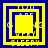 Four yellow and blue square frames with nested borders and central shapes, arranged in a on a blue background
