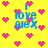 Yellow background with pink heart pixels and blue text reading "I love alex" in pixelated font, arranged in a pattern with heart accents