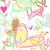 Pixelated cartoon-style icon with multiple overlapping colorful shapes including hearts, swirls, and abstract figures on a white background.
