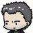 Pixelated cartoon head with dark gray hair, light skin, blue eyes, and a neutral expression, wearing a dark jacket with green collar detail.