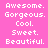 Pixelated text listing adjectives on a split background of pink and orange sections.