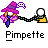 Pixel art buddy icon showing a character with purple hat and pink hair holding hands with a yellow figure, displayed in two frames of an animation on gray background.