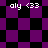 Pixelated icon with purple and black checkered background, white text 'aly <33' repeated across four positions, and diagonal diamond pattern overlay.