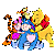 Pixelated cartoon scene with four characters: a tiger, a blue-clad figure, a yellow bear, and a small bird-like figure atop the bear.