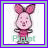 Pixelated cartoon pig character with pink ears and body, wearing red shirt, displayed in three frames within a contact sheet layout showing text color variations.