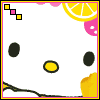 Hello Kitty face with lemon slice and pink flower decorations, yellow border, and pixelated color blocks in top-left corner.
