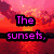 Pixelated image with four distinct sections showing sunset and beach scenes, text overlays in pink font on black backgrounds.