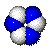 Blue and white pixelated spheres arranged in various configurations on a gray background, with some spheres split into blue and white halves.
