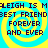 Pixelated text repeats 'LEIGH IS M BEST FRIEND FOREVER AND EVER' over yellow and cyan spiral backgrounds in a static