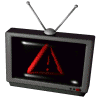 Four identical retro television sets with silver antennas display a red warning triangle symbol that changes shape across frames.