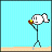 Pixelated stick figure with white hair and blue body performs softball pitching motion against light blue background.