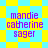 Pixelated text 'mandie catherine sager' in purple on a yellow and cyan checkered background with star-shaped patterns.
