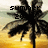 Pixelated palm tree silhouette against a yellow-orange gradient background with overlaid text fragments.