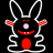 Pixelated static icon of a stylized bunny-like character with white outline, red accents, and pink nose on black background.