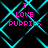 Pixelated cyan pattern with pink text 'I LOVE PUPPIES' repeated across four quadrants on a black background