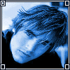 A single person's face in two side-by-side colorized versions with blue and purple filters, each framed by a white border with corner squares.
